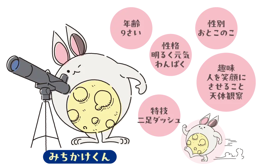 みちかけくんのプロフィール。年齢9さい、性別おとこのこ、性格は明るく元気でわんぱく、趣味は人を笑顔にさせることと天体観察、特技は二足ダッシュ