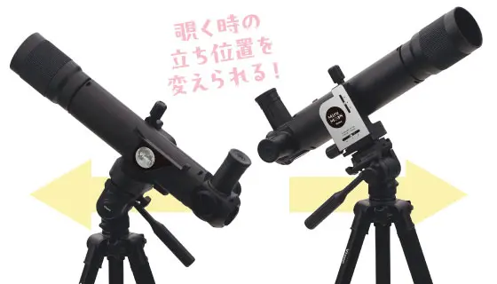 接眼レンズの取付位置を変え、左右どちらの立ち位置からものぞける様子
