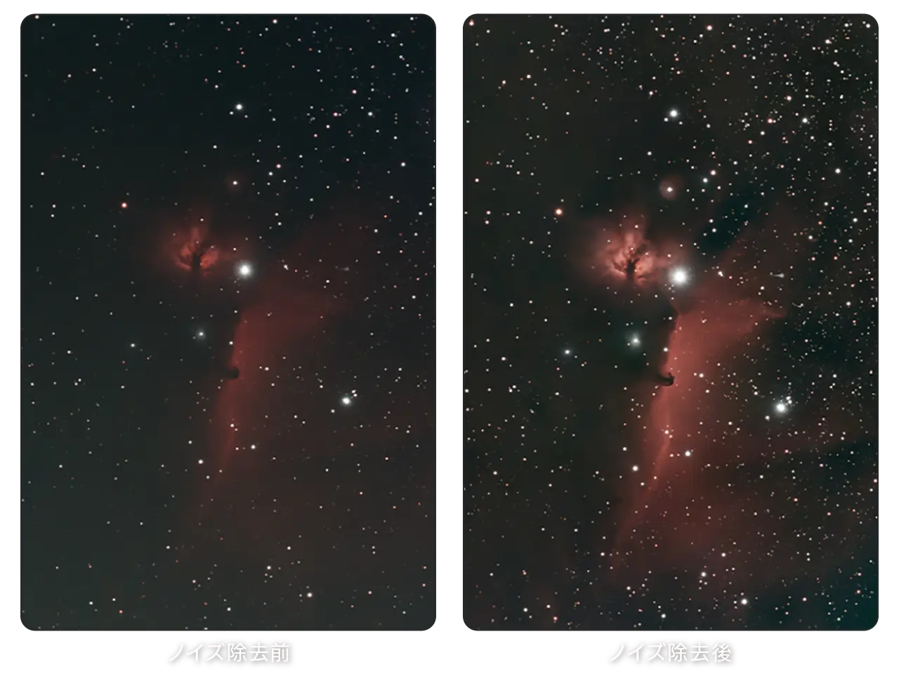 馬頭星雲と燃える木星雲を撮影した画像の、ノイズ除去前とノイズ除去後の比較