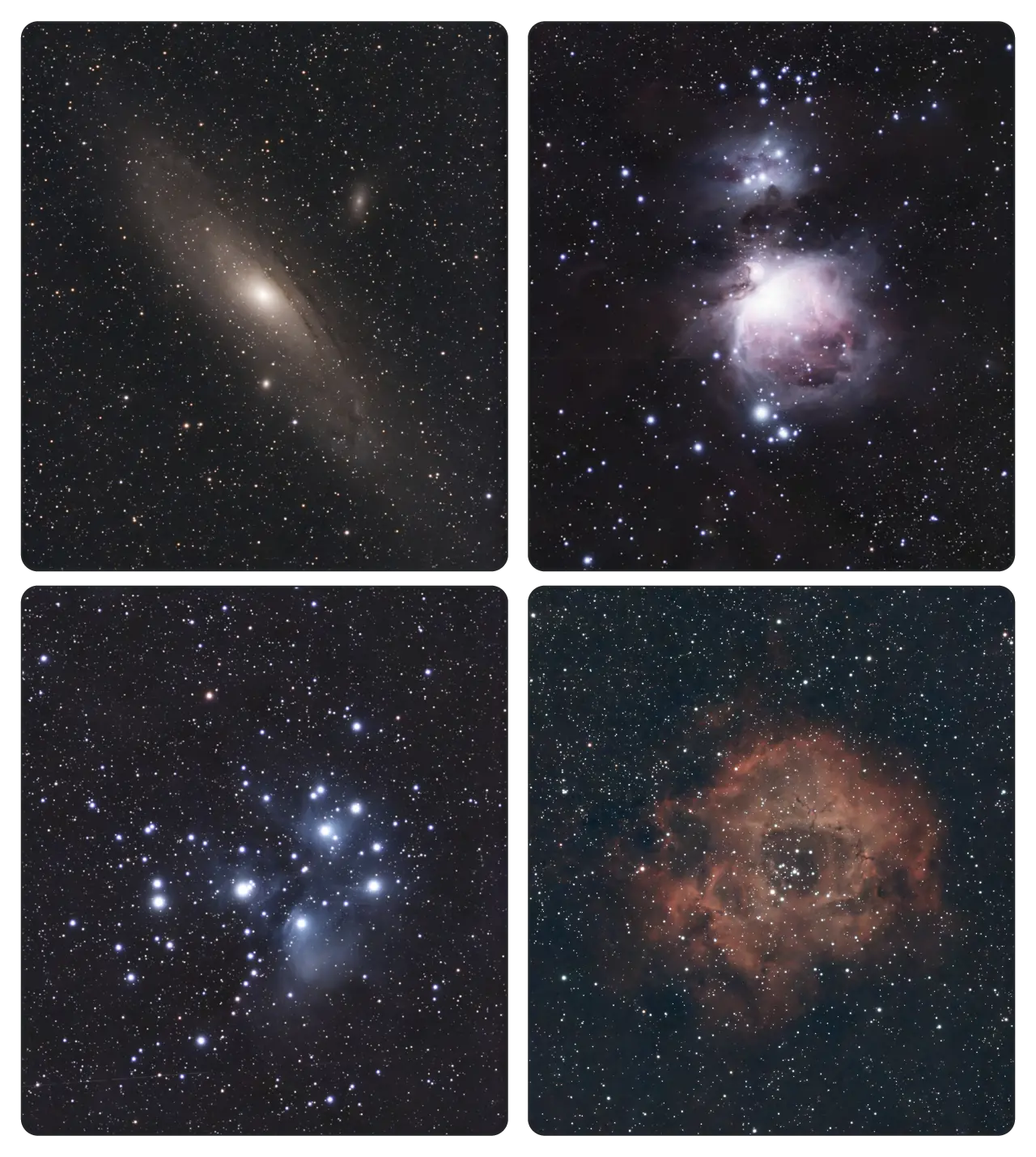 Seestar S30 Proの作例。M31アンドロメダ銀河、M42オリオン大星雲、M45プレアデス星団、NGC 2244ばら星雲