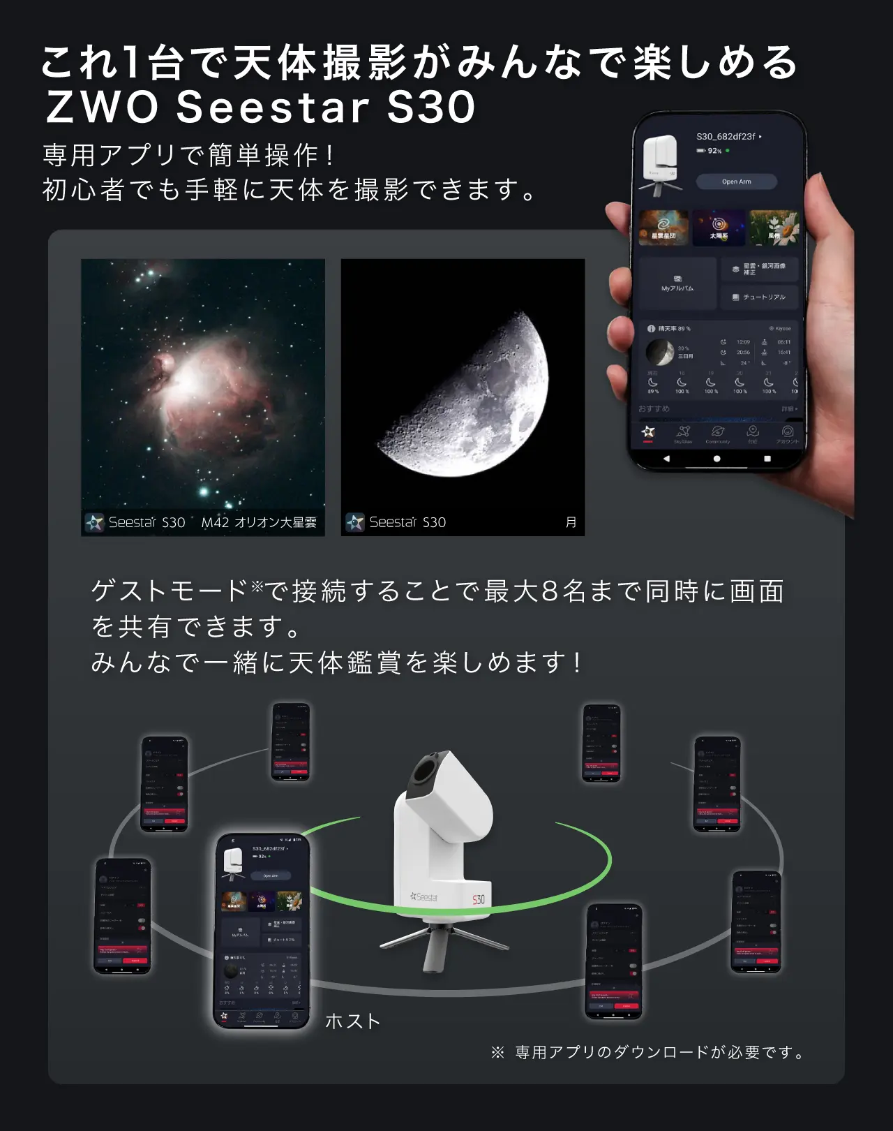 これ1台で天体撮影がみんなで楽しめる ZWO Seestar S30。専用アプリで簡単操作でき、ゲストモードで最大8名まで同時に画面を共有できる